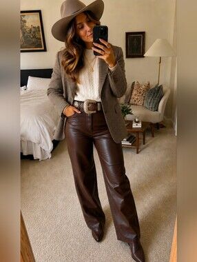 Western Chic Brown Faux Leather Wide Leg Pants S Cowgirl Quiet Luxury Rodeo Glam